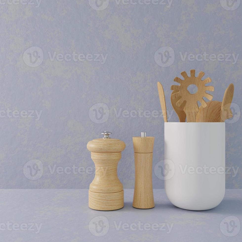 3D Rendering Wood Spatula in Cup, Wood Pepper Grinder photo