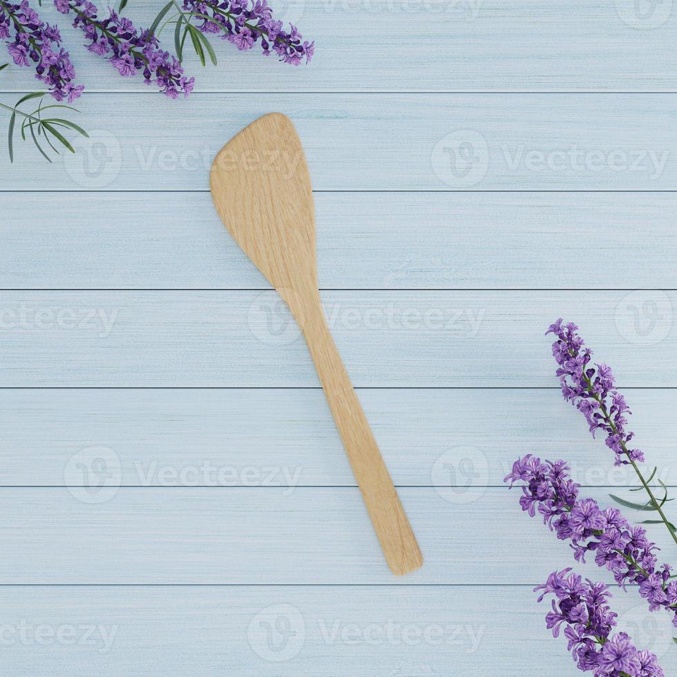 3D Rendering Set of Wood Turner on Blue Wood Plank Background photo