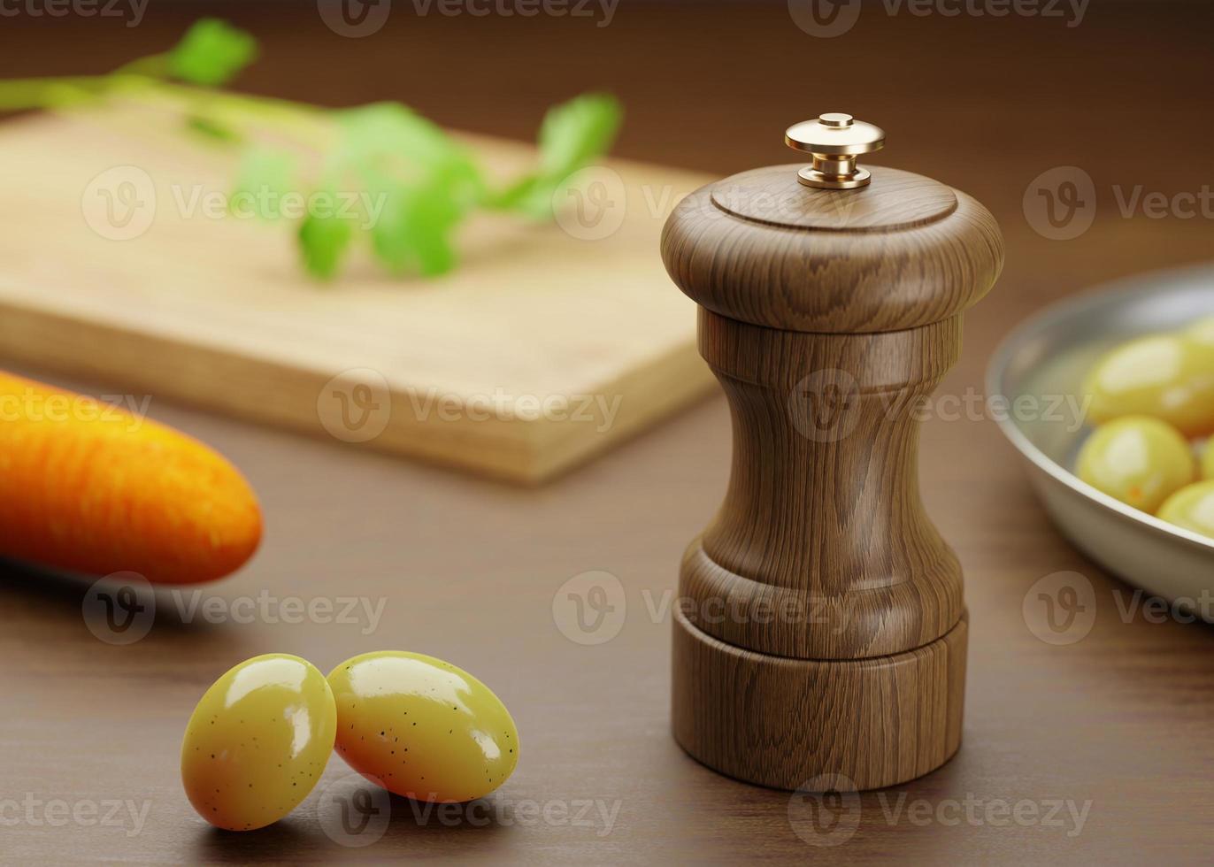 3D Rendering Wood Pepper Grinder On Dinning Table, Wood Pepper G photo