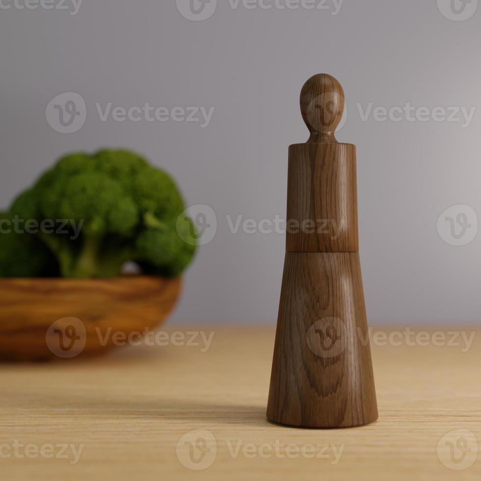 3D Rendering Wood Pepper Grinder On Dinning Table, Wood Pepper G photo