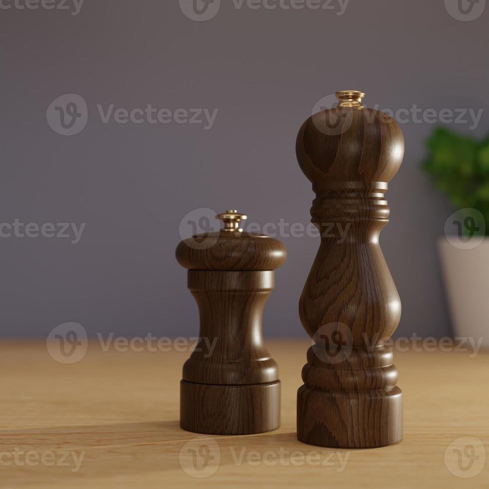 3D Rendering Wood Pepper Grinder On Dinning Table, Wood Pepper G photo