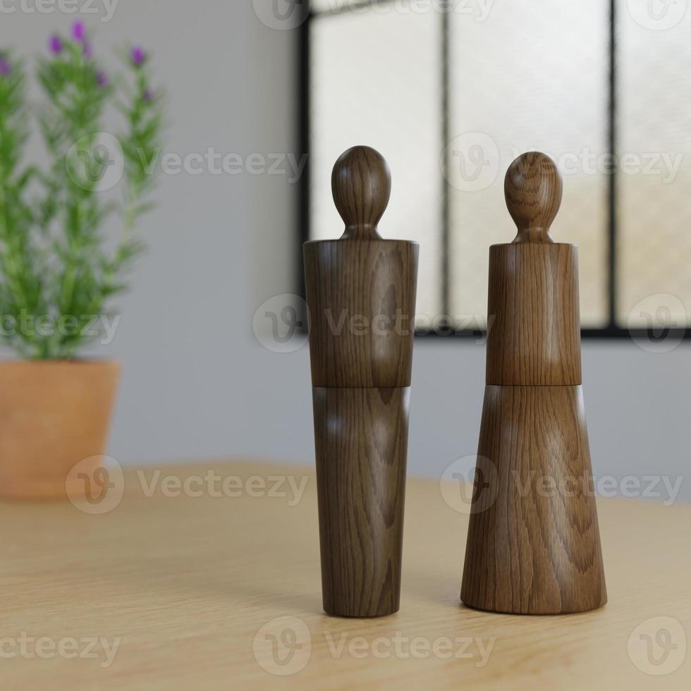 3D Rendering Wood Pepper Grinder On Dinning Table, Wood Pepper G photo