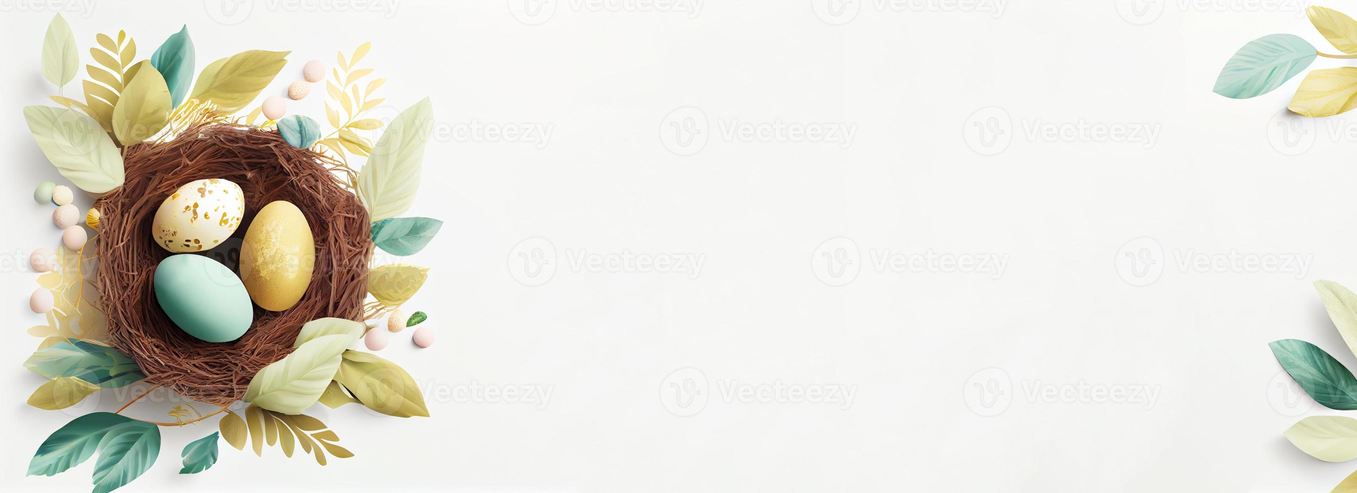 Easter poster and banner template with Easter eggs in the nest on white background with a copy of the place for the text. photo