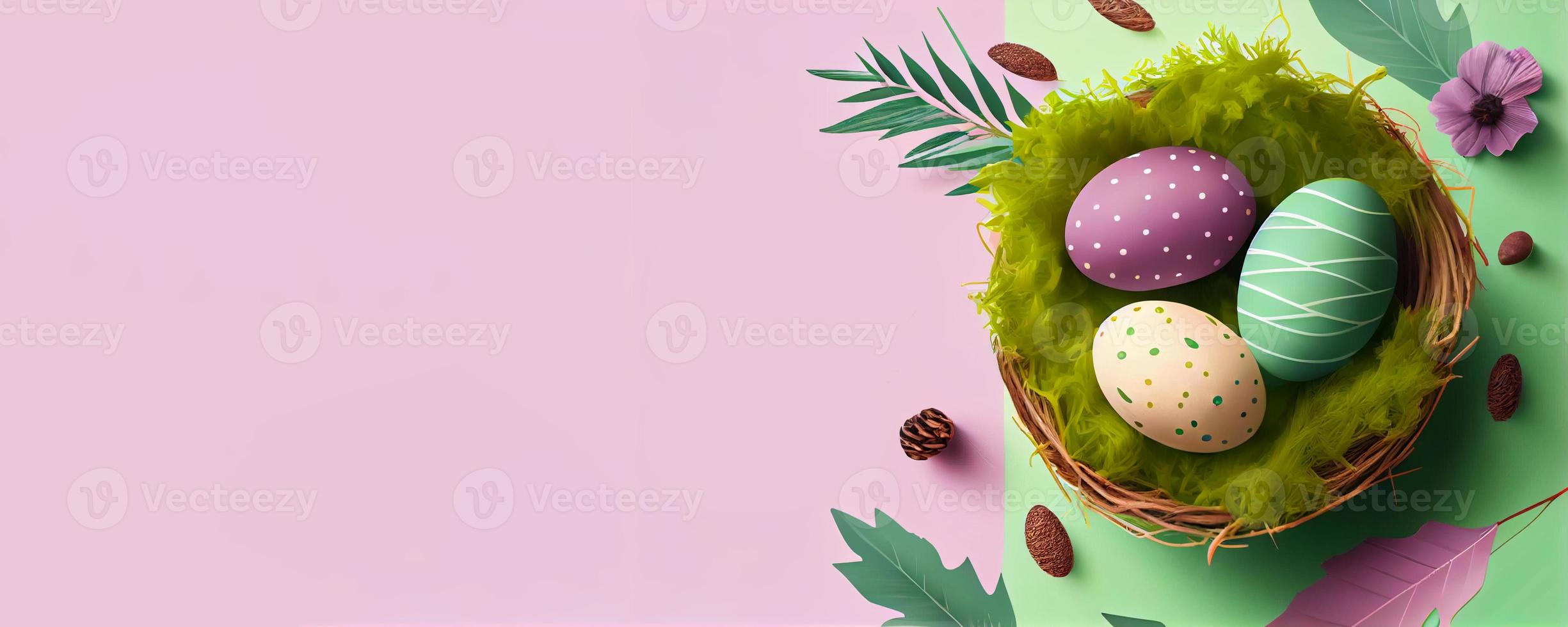 Easter poster and banner template with Easter eggs in the nest on pastel background with a copy of the place for the text. photo
