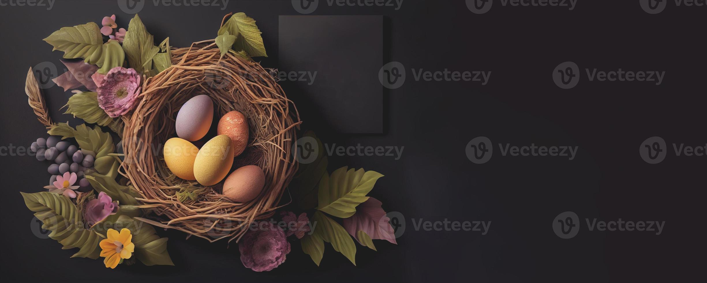 Easter poster and banner template with Easter eggs in the nest on dark background with a copy of the place for the text. photo