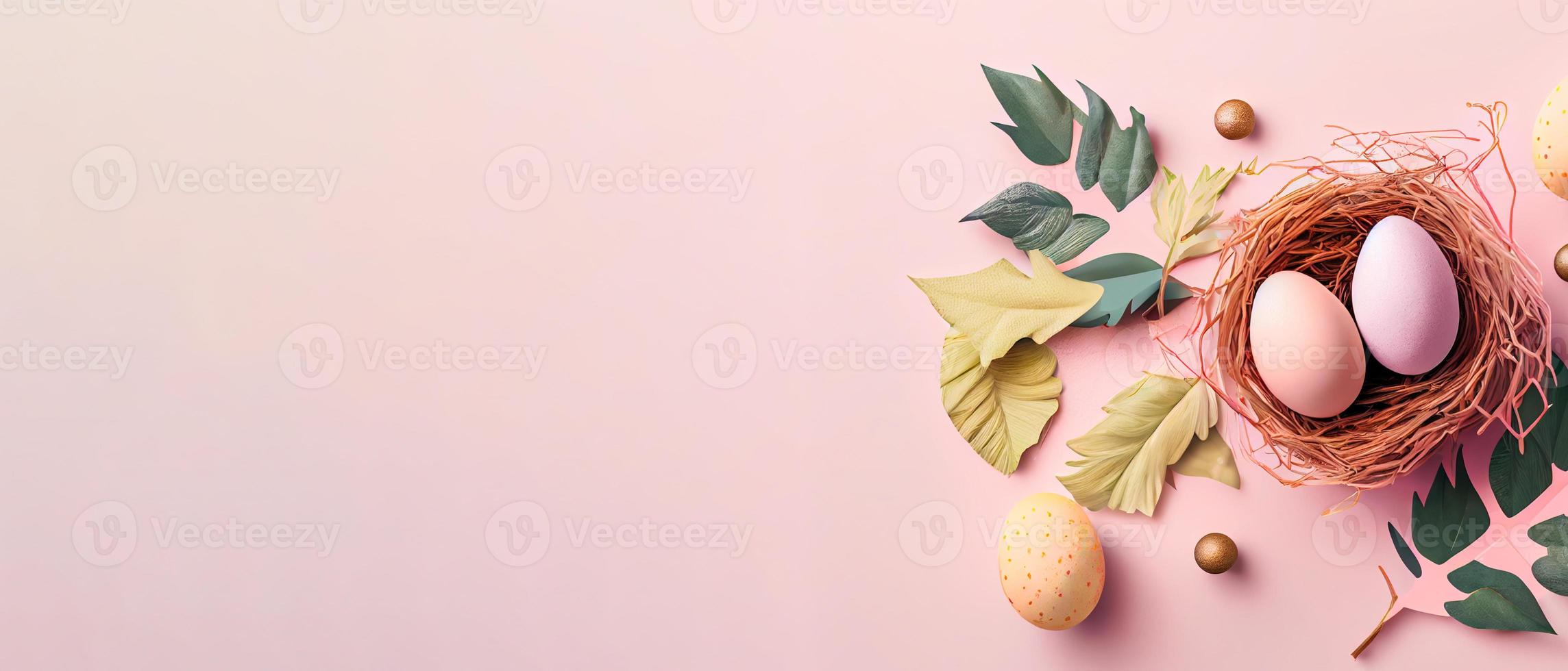 Easter poster and banner template with Easter eggs in the nest on light pink background with a copy of the place for the text. photo