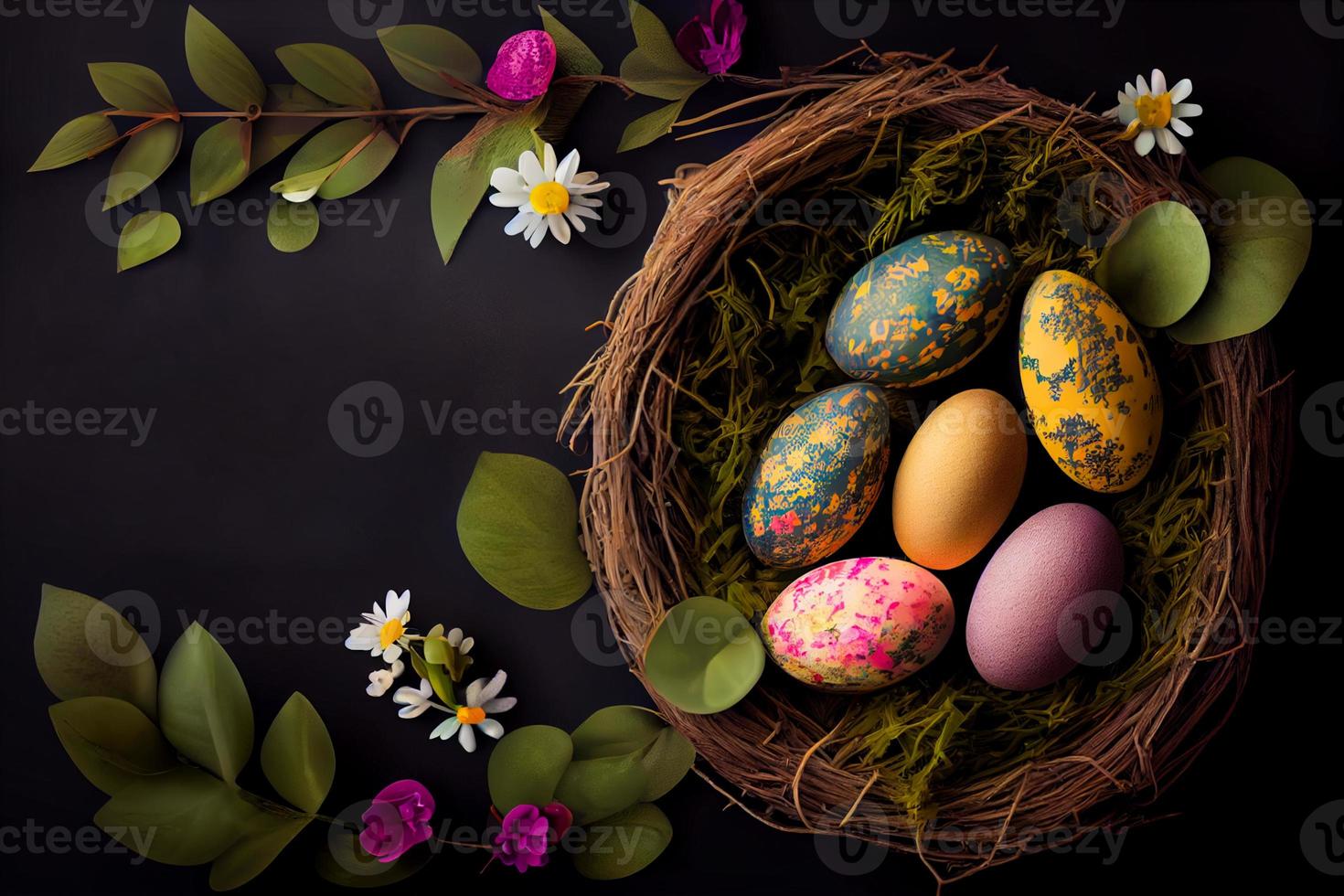 Easter poster and banner template with Easter eggs in the nest on dark background with a copy of the place for the text. photo