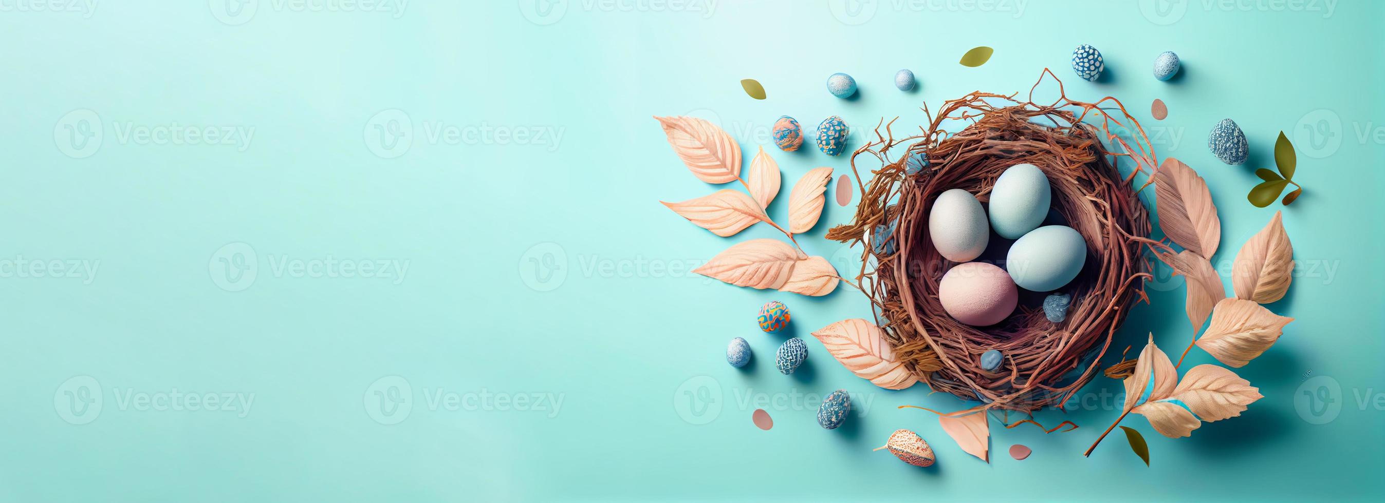 Easter poster and banner template with Easter eggs in the nest on light blue background with a copy of the place for the text. photo