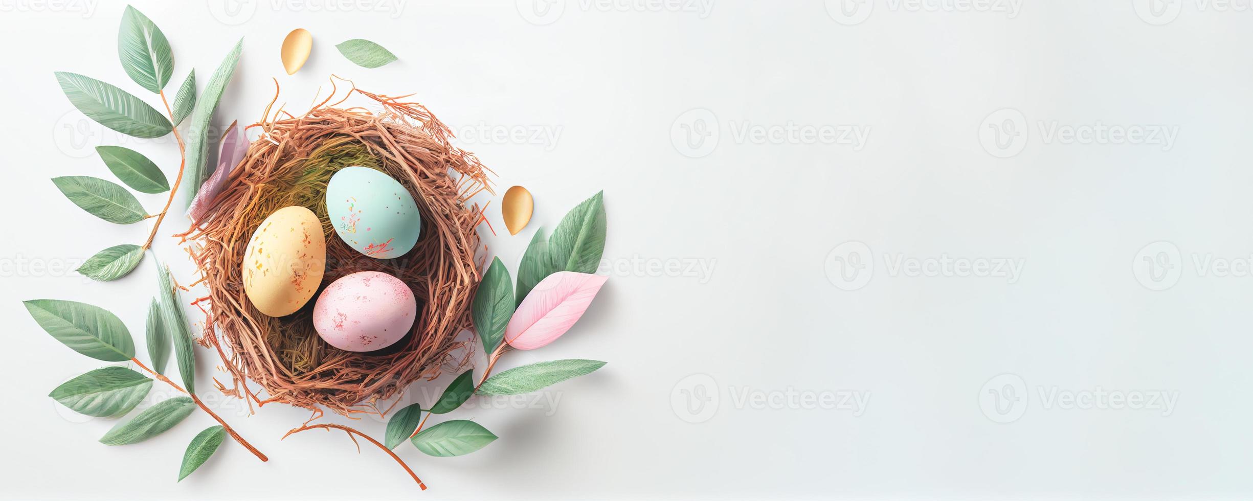 Easter poster and banner template with Easter eggs in the nest on white background with a copy of the place for the text. photo