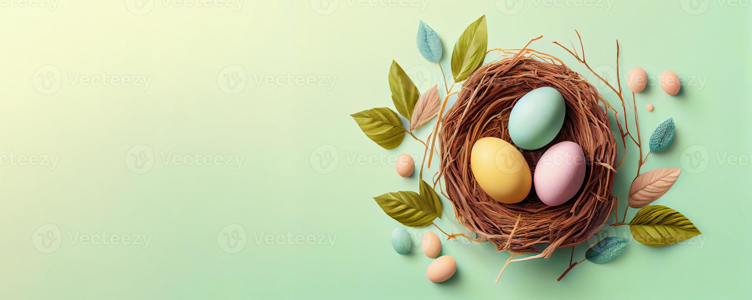 Easter poster and banner template with Easter eggs in the nest on green background with a copy of the place for the text. photo