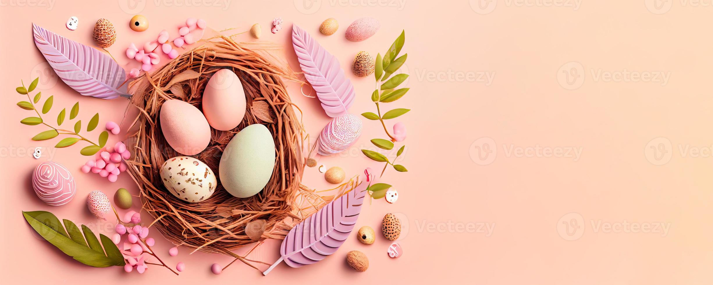 Easter poster and banner template with Easter eggs in the nest on light pink background with a copy of the place for the text. photo