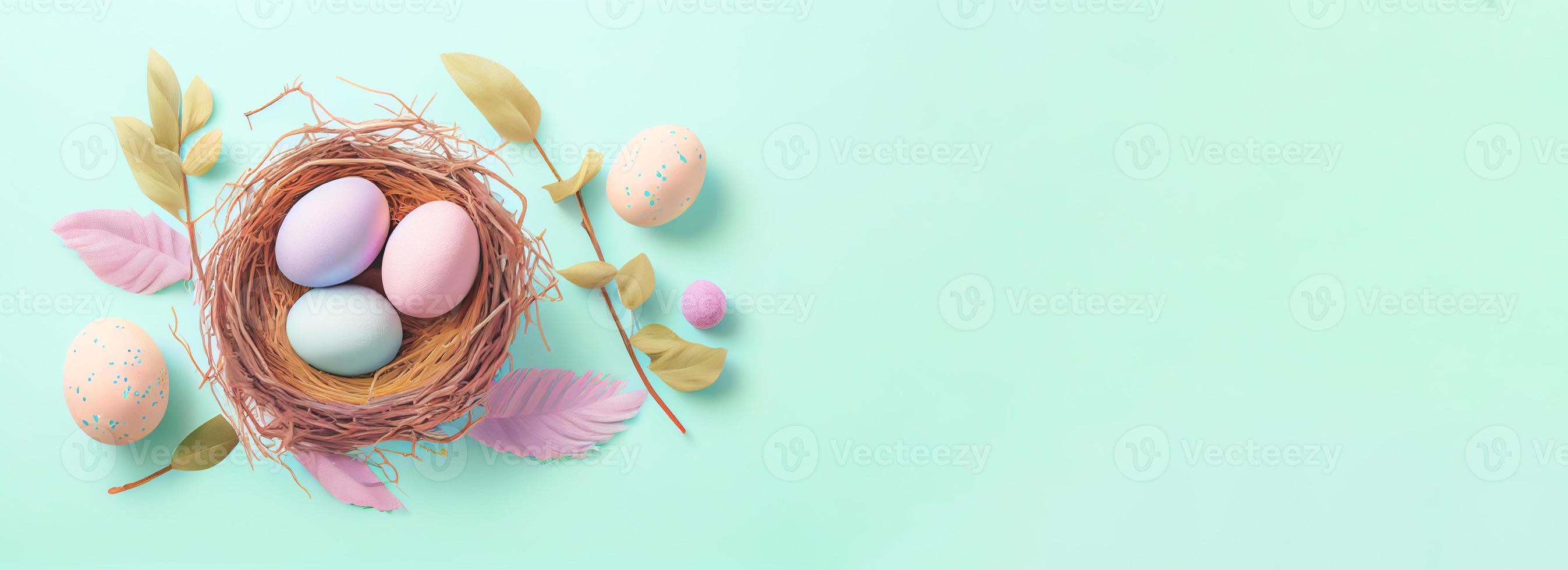 Easter poster and banner template with Easter eggs in the nest on pastel background with a copy of the place for the text. photo