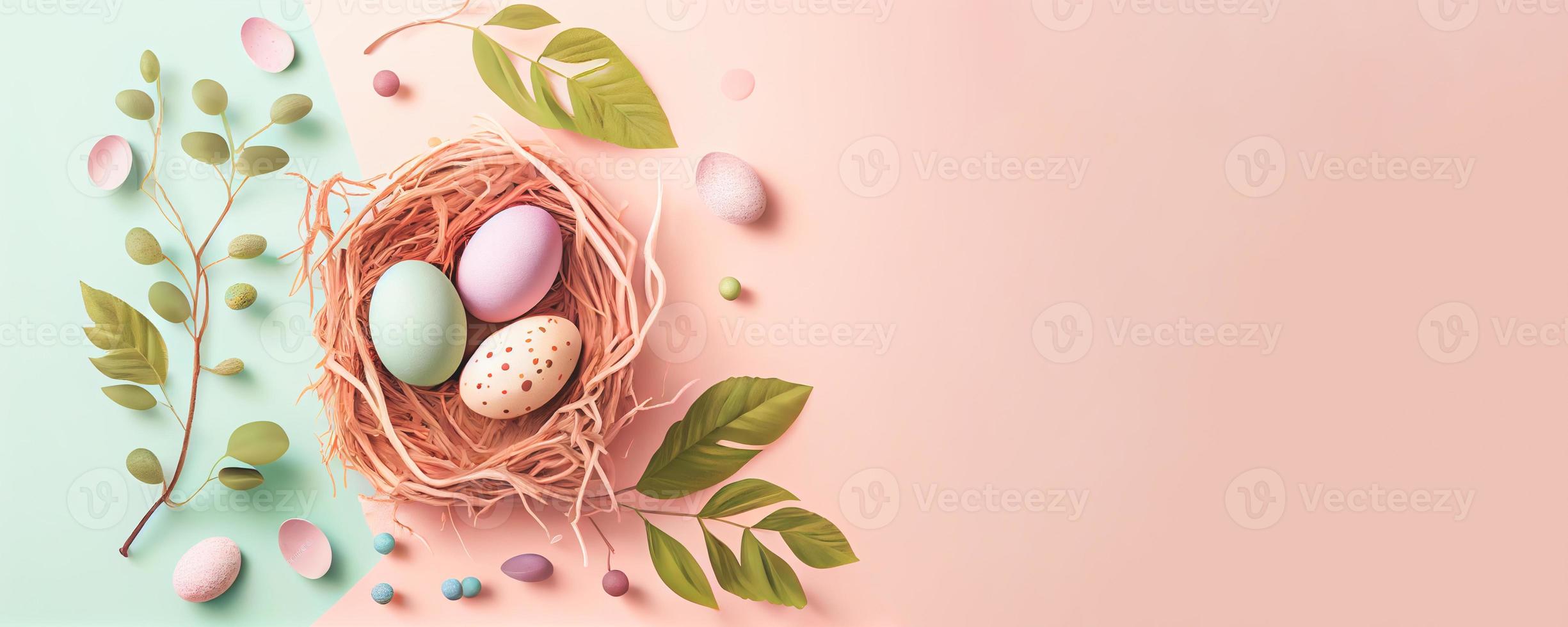 Easter poster and banner template with Easter eggs in the nest on pastel background with a copy of the place for the text. photo