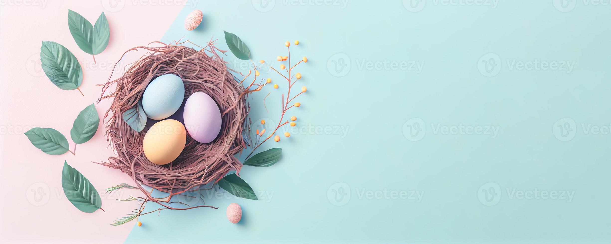 Easter poster and banner template with Easter eggs in the nest on pastel background with a copy of the place for the text. photo