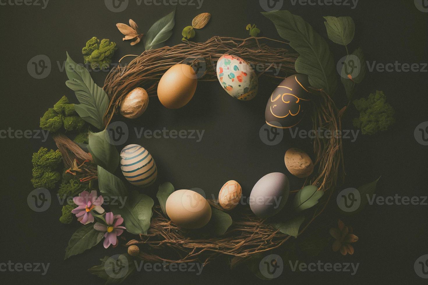 Easter poster and banner template with Easter eggs in the nest on dark background with a copy of the place for the text. photo