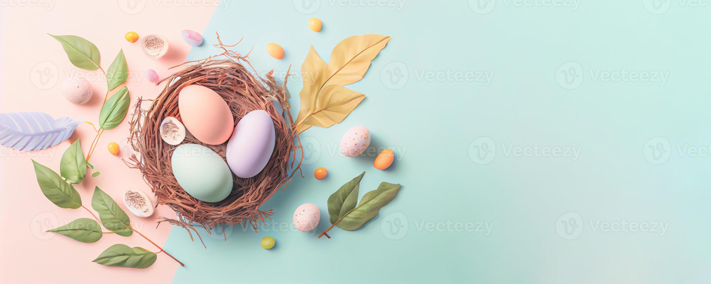 Easter poster and banner template with Easter eggs in the nest on pastel background with a copy of the place for the text. photo