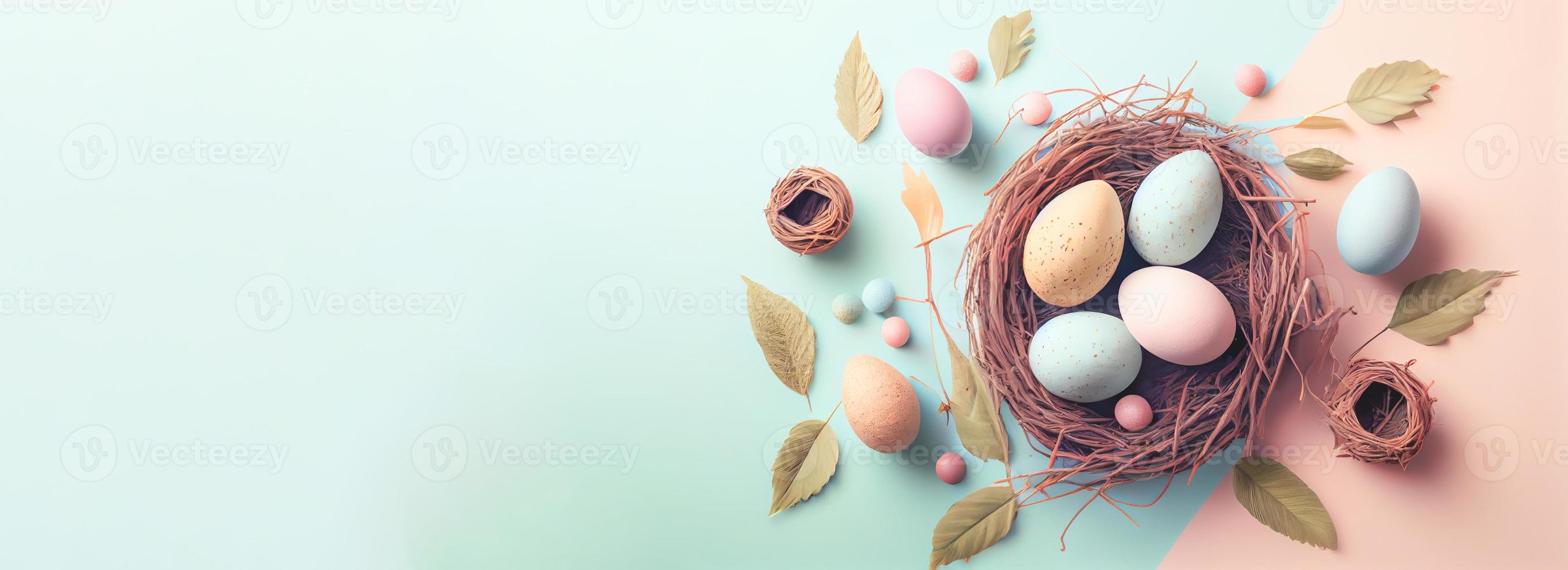 Easter poster and banner template with Easter eggs in the nest on pastel background with a copy of the place for the text. photo