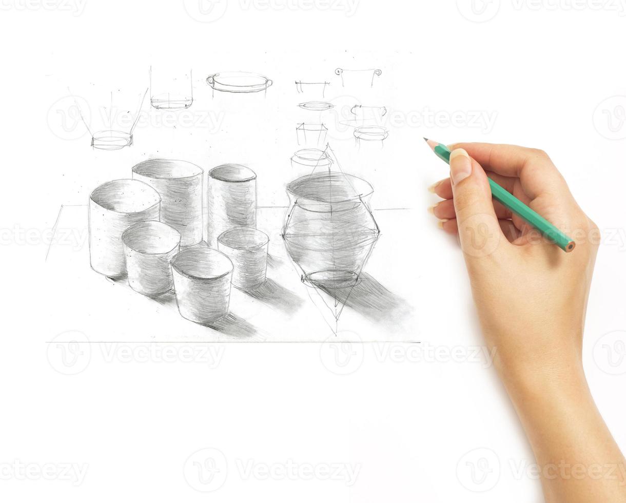 Hand draws a pencil items cookware on a white photo