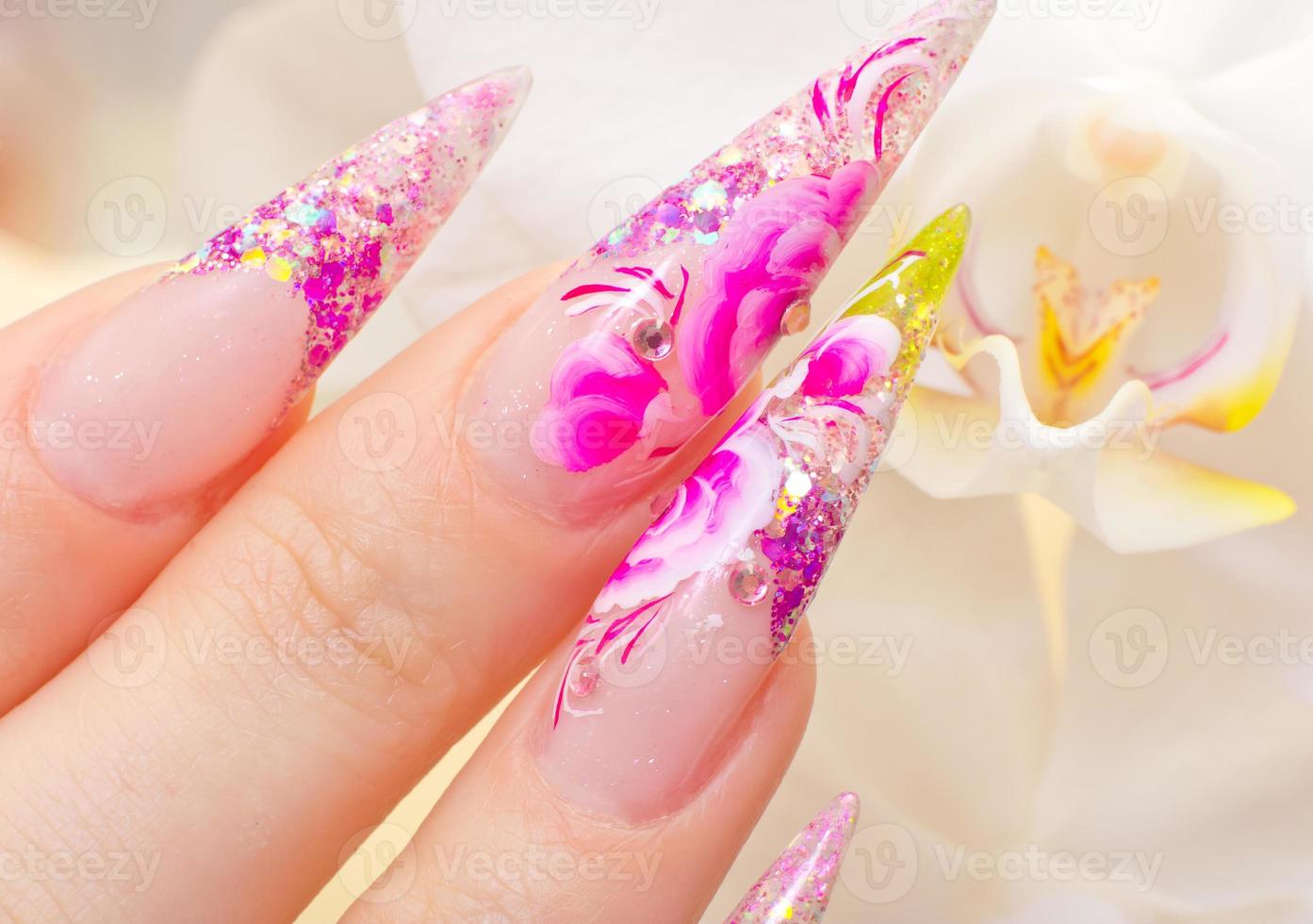 Manicure with fresh pink nail art photo