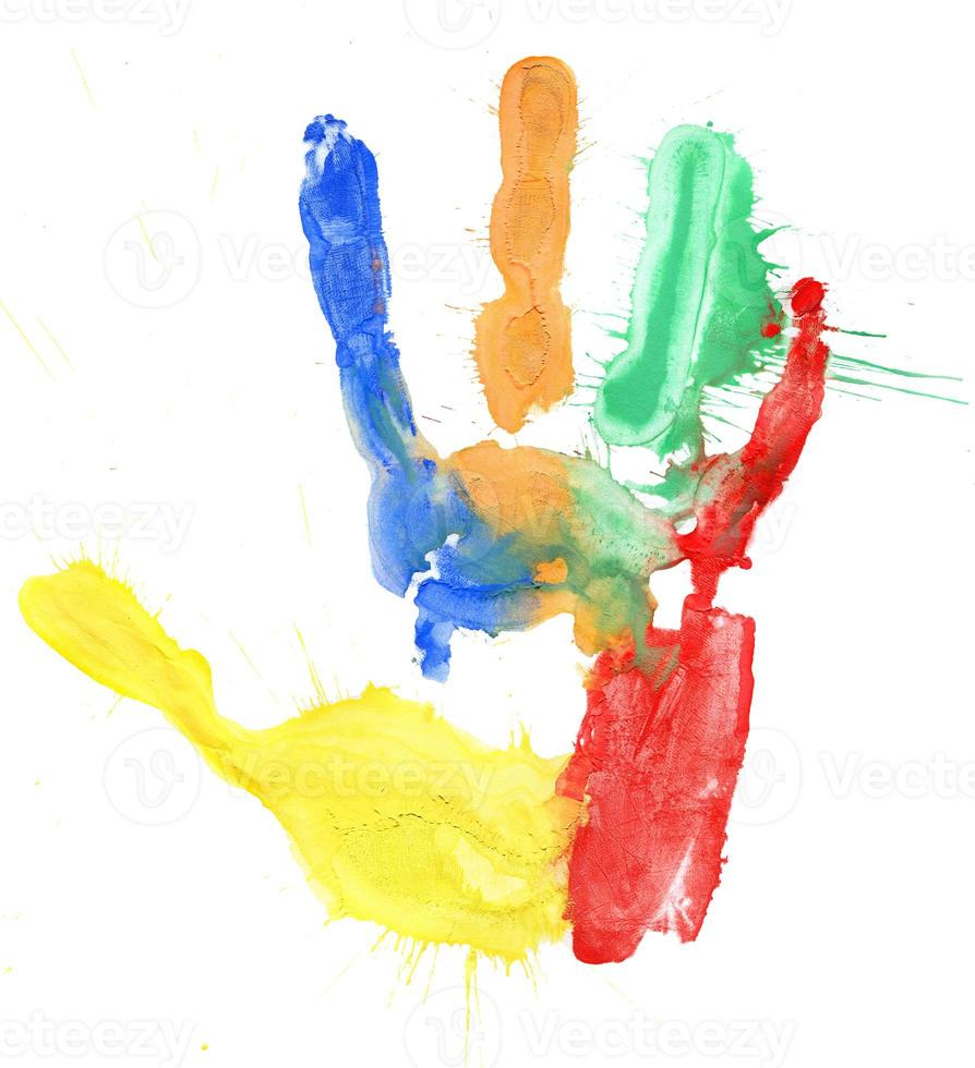 Close up of colored hand print on white photo