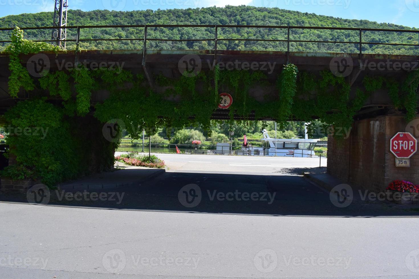 village street with an ivy covered bridge photo