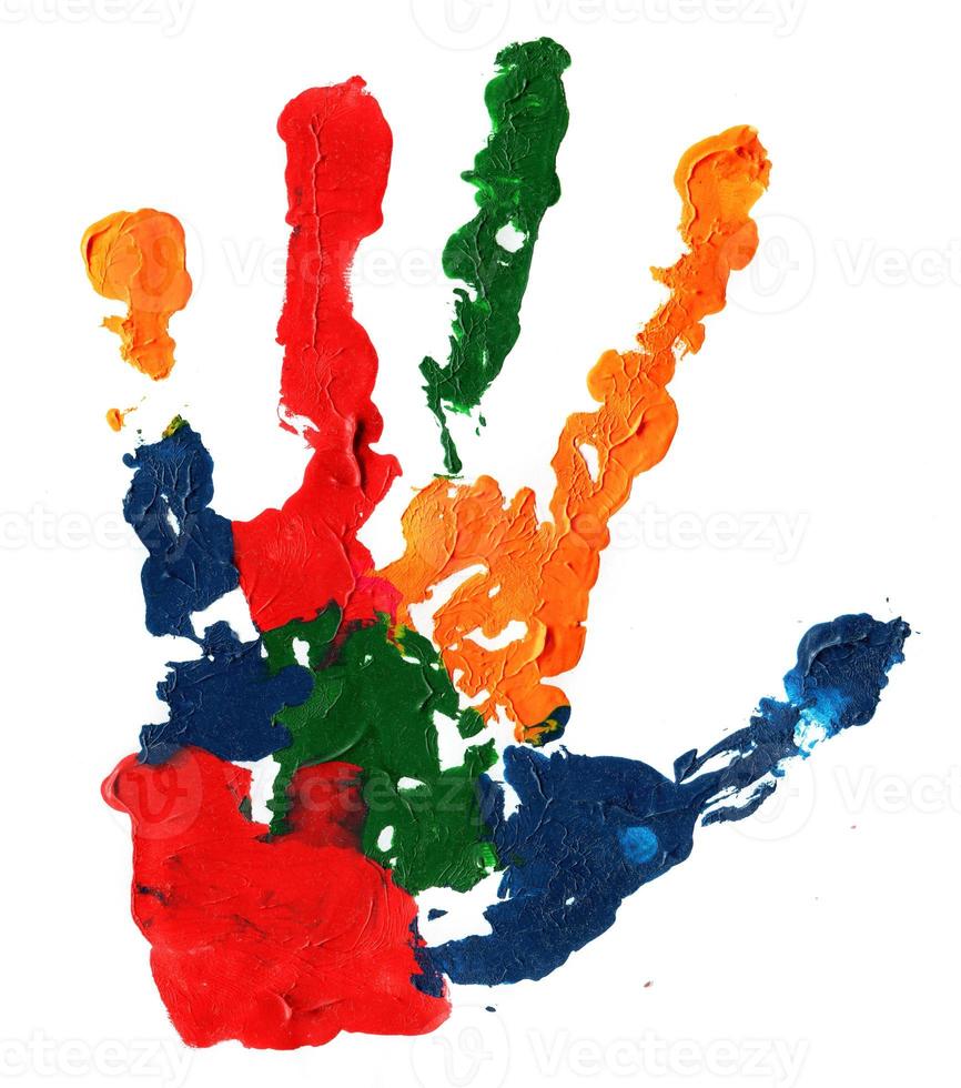 Close up of colored hand print on white photo