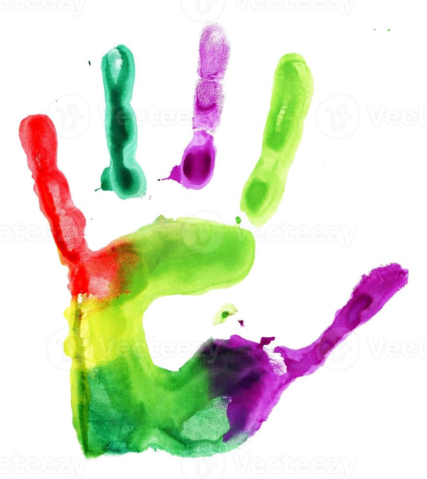 Close up of colored hand print on white photo