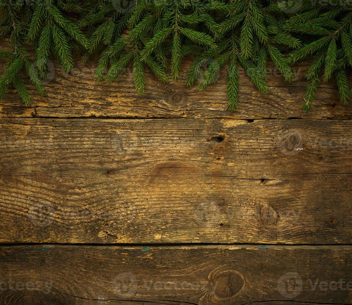 Christmas tree branches on wooden texture ready for your design photo