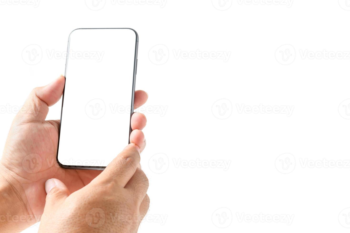 Man hand using smartphone with blank screen, isolated photo