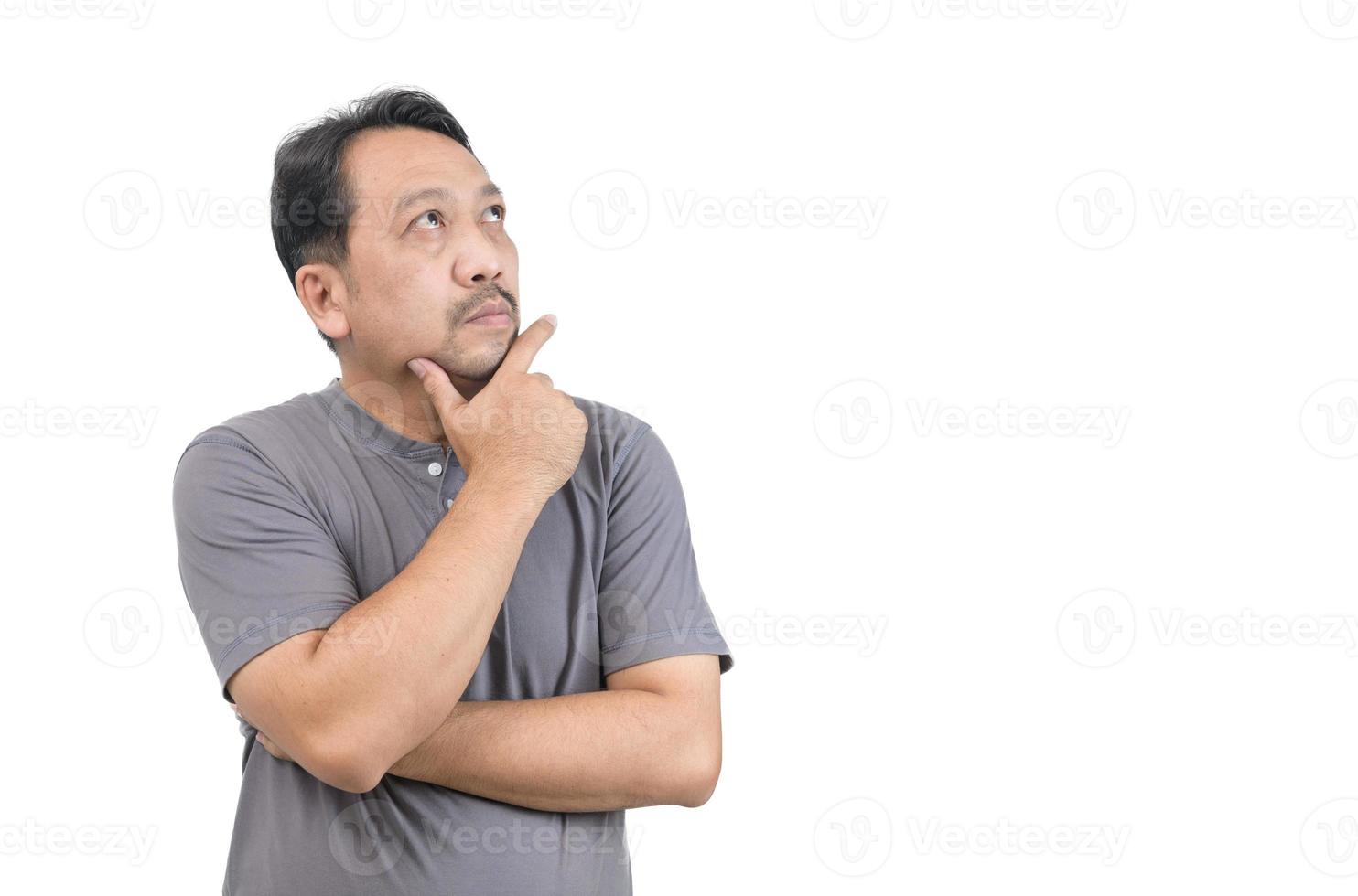 Asian middle age man  thinking isolated on white photo