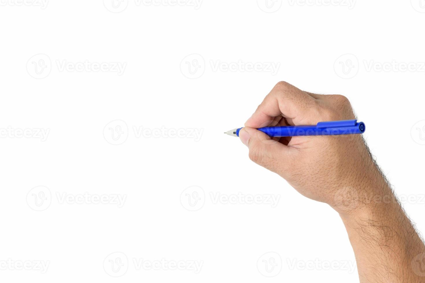 Man hand is ready for drawing with pen isolated on white background, photo