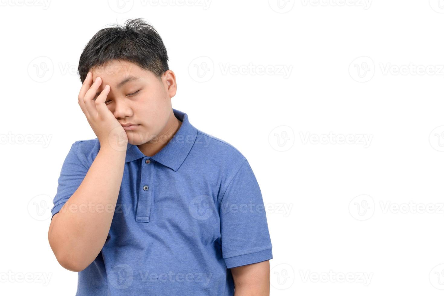 boy wear blue polo shirt bored or sleep isolated on white background, photo