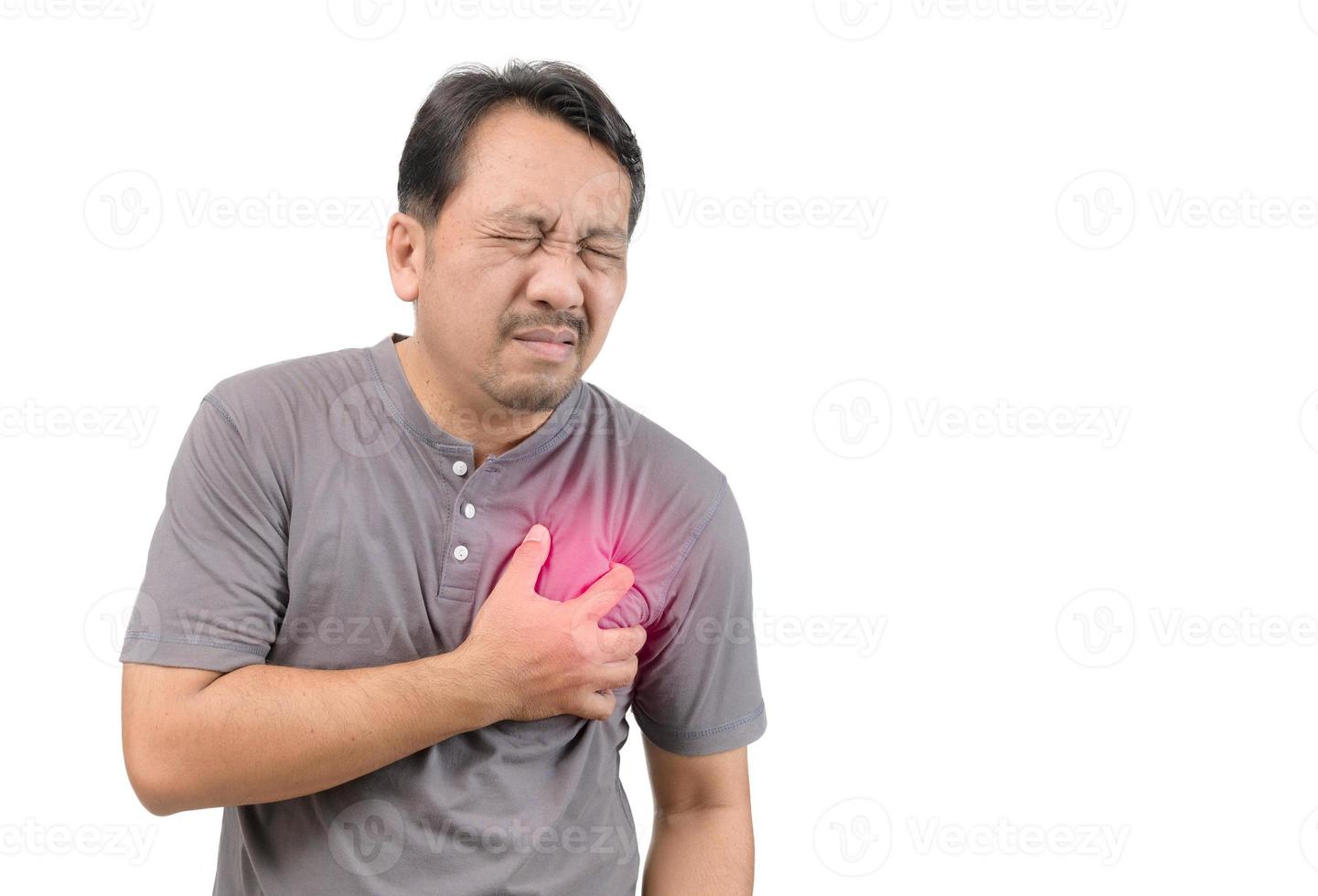 Heart attack, man with chest pain isolated on white background photo