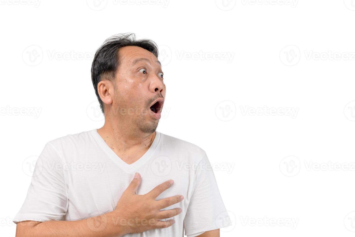 Middle-aged man wearing a white T-shirt was extremely shocked isolated photo