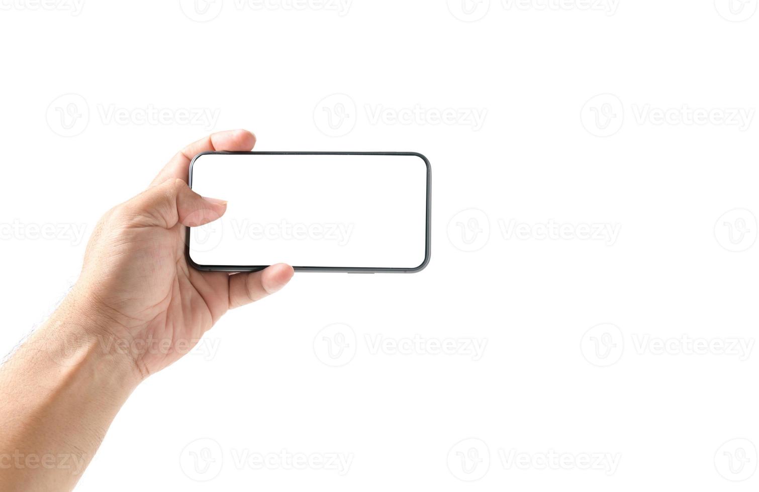 Man hand using smartphone with blank screen, isolated photo