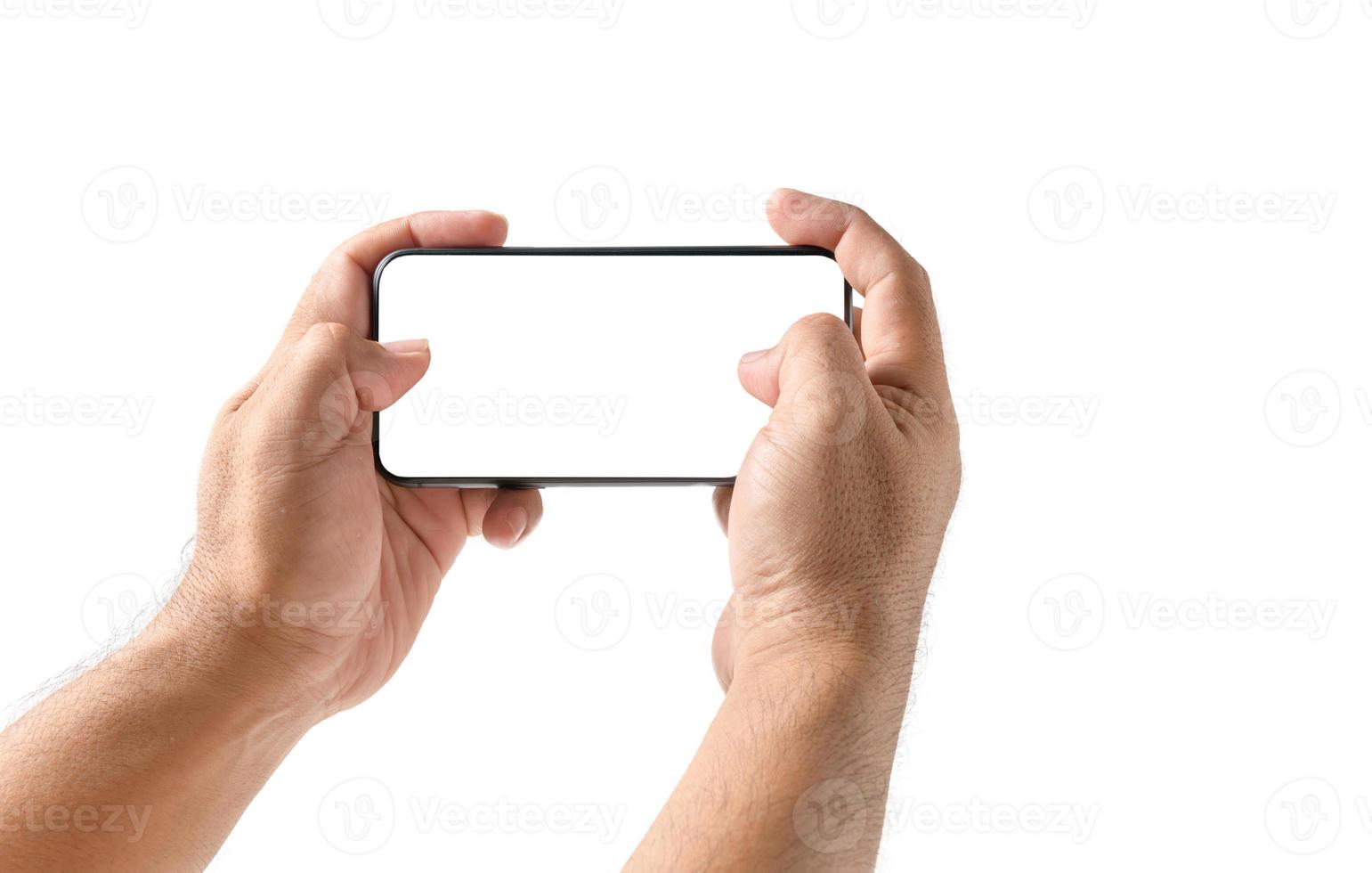 hombre mano utilizando teléfono inteligente o jugar juego con blanco pantalla, foto