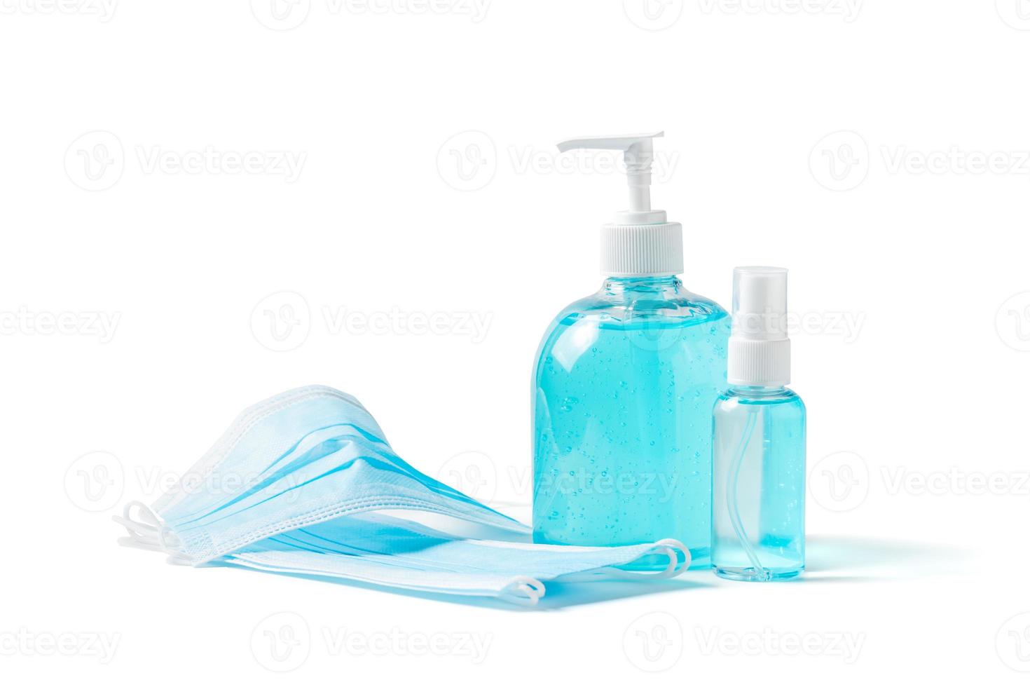 surgical mask with hand sanitizer and alcohol spray isolated on white background, photo