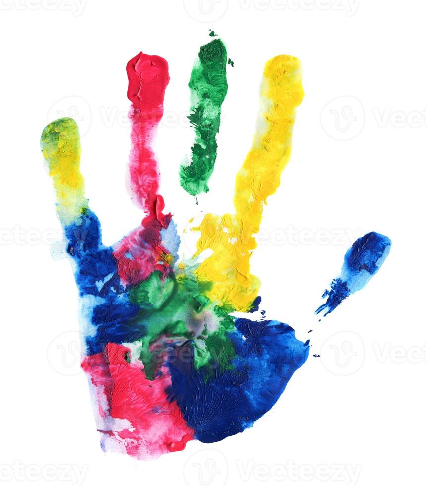 Close up of colored hand print on white photo