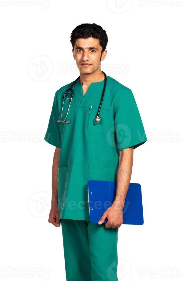 Portrait of doctor Arab nationality with health record on white photo