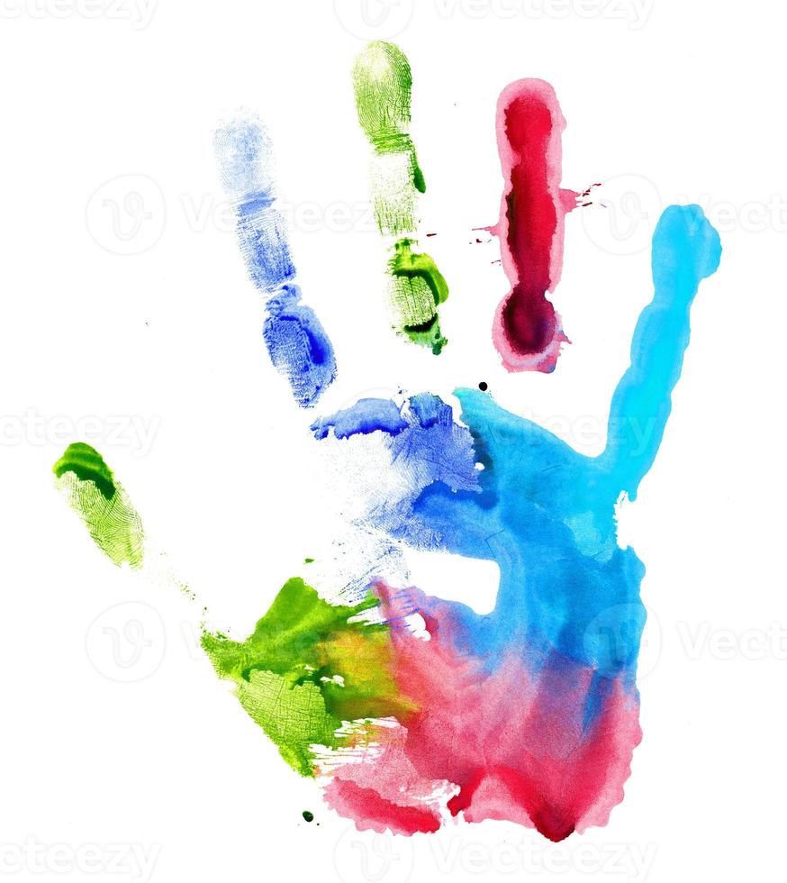 Close up of colored hand print on white photo