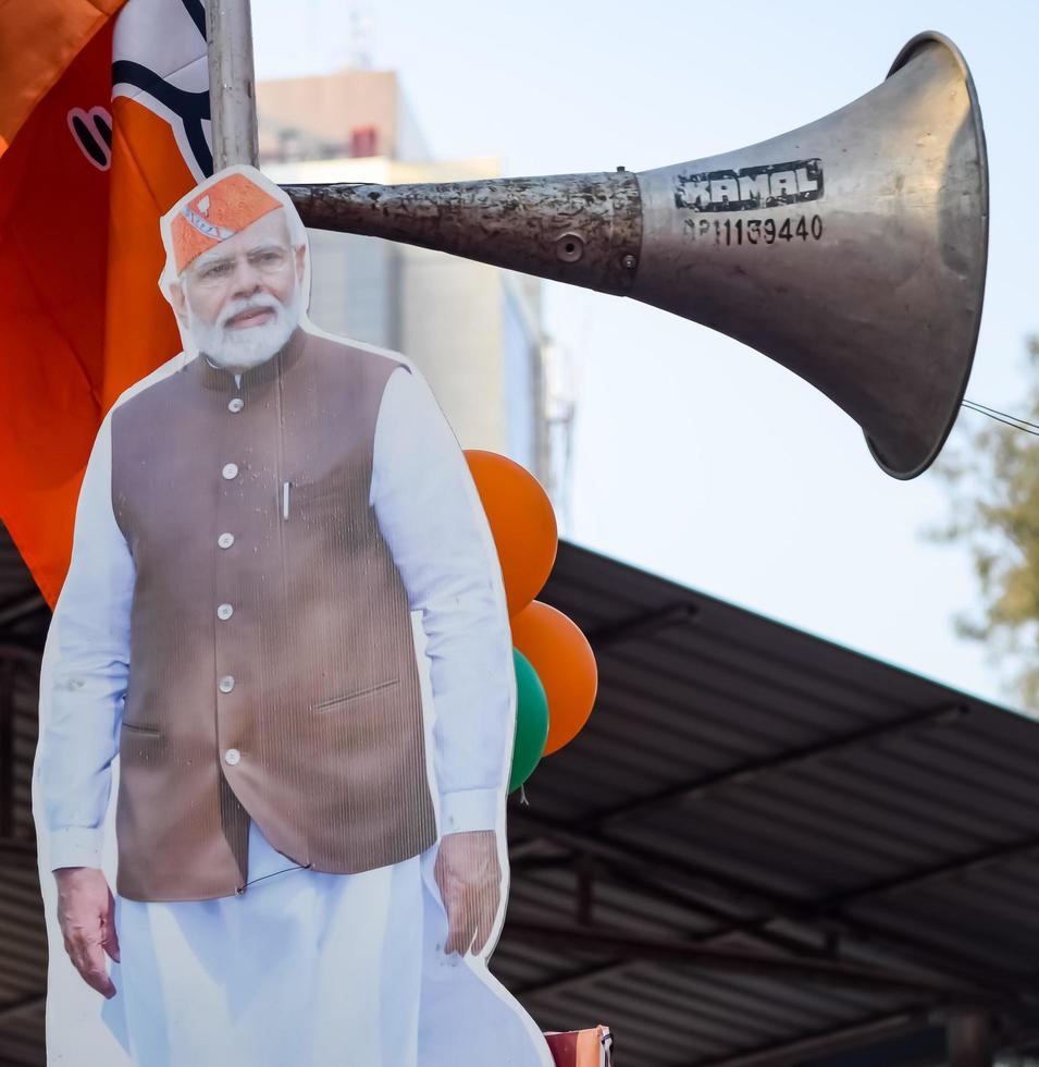 New Delhi, India - January 16 2023 - Prime Minister Narendra Modi cut out during BJP road show, the statue of PM Modi while attending a big election rally in the capital photo