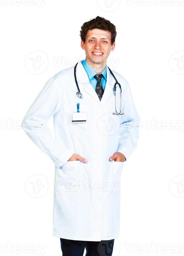 retrato de el sonriente médico en un blanco foto