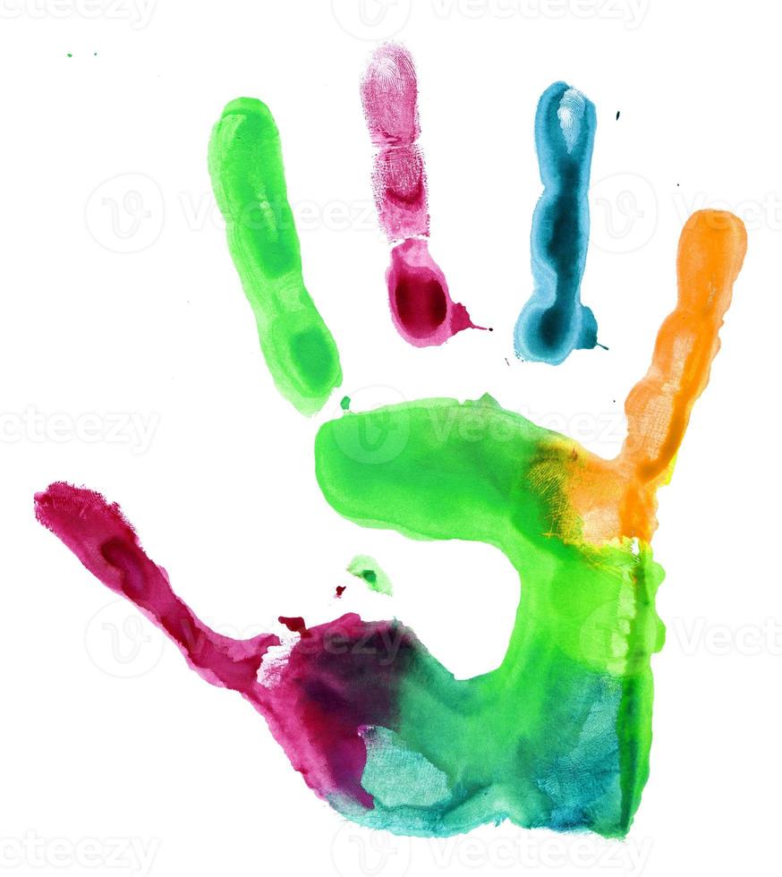 Close up of colored hand print on white photo