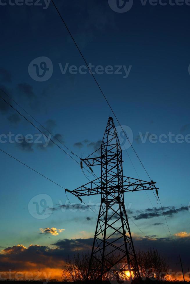 Power lines against the sky at sunset photo