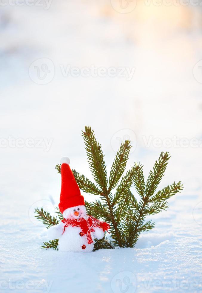 Happy snowman standing in winter christmas landscape photo