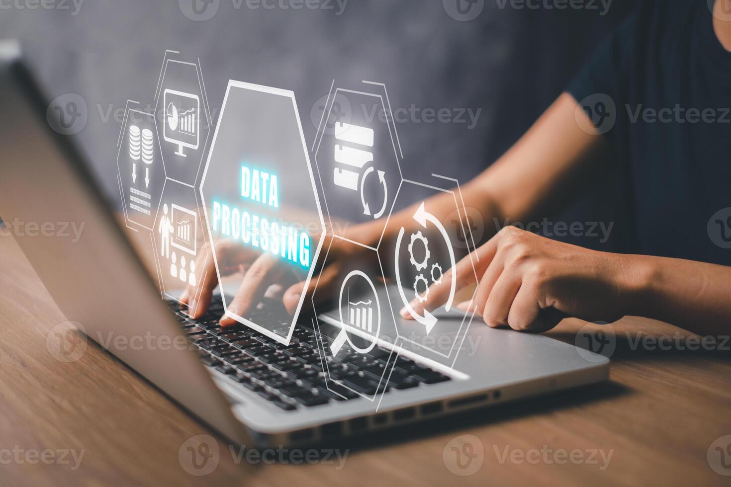 Data processing concept, Person working on laptop computer with data ...