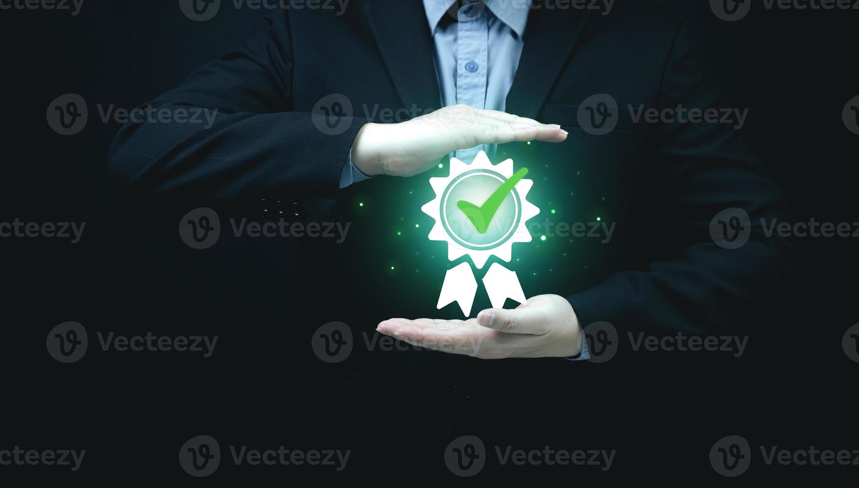ISO Standard concept. Quality Control, Assurance Terms Check. Businessman showing digital certificate symbol of certification process and setting business standards that meet international standards photo