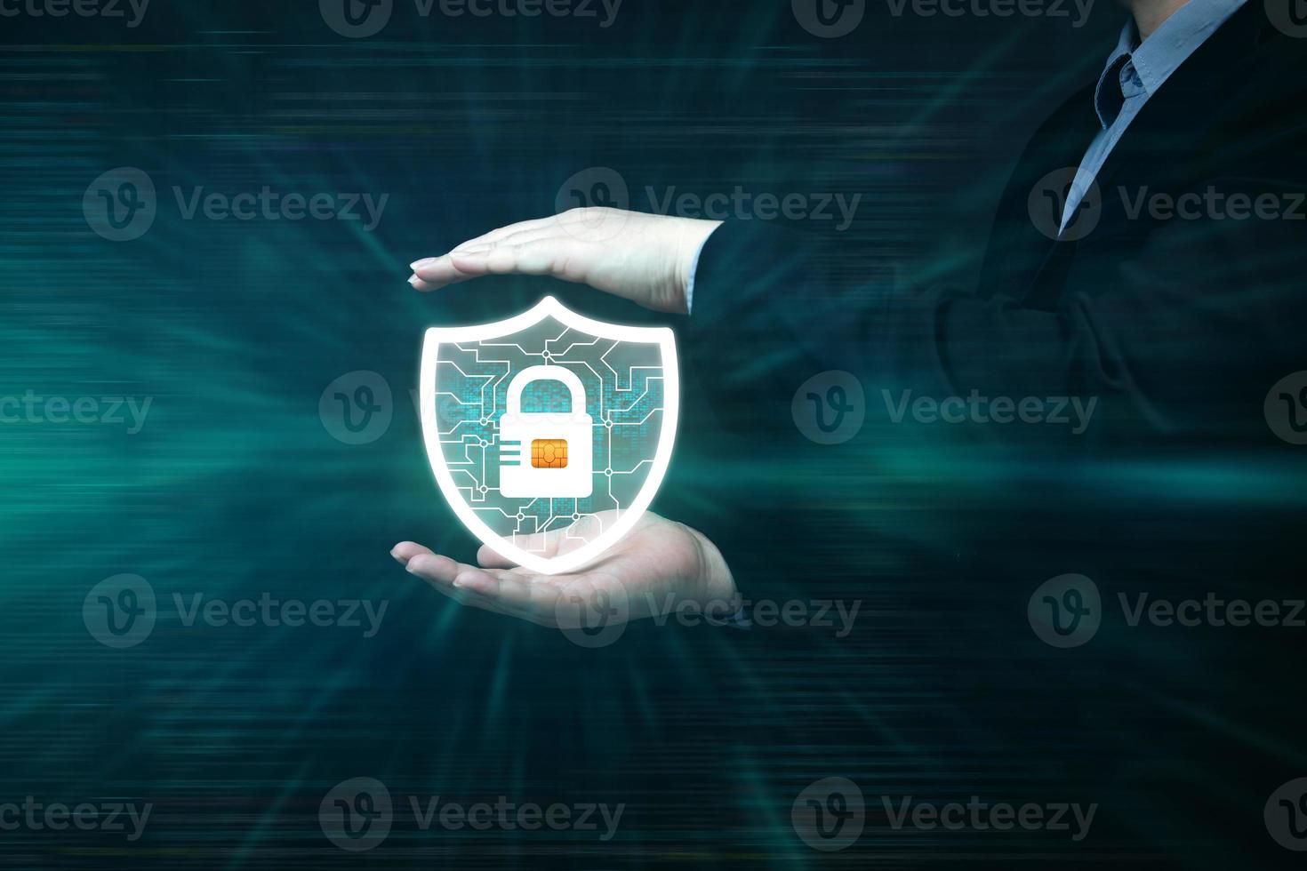 Technology privacy, Cyber data protection, Cyber security network, Shield protection icon and internet technology networking. Businessman hand showing security icon on virtual display. photo