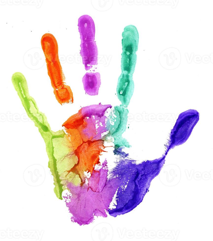 Close-up of colored hand print on white background photo