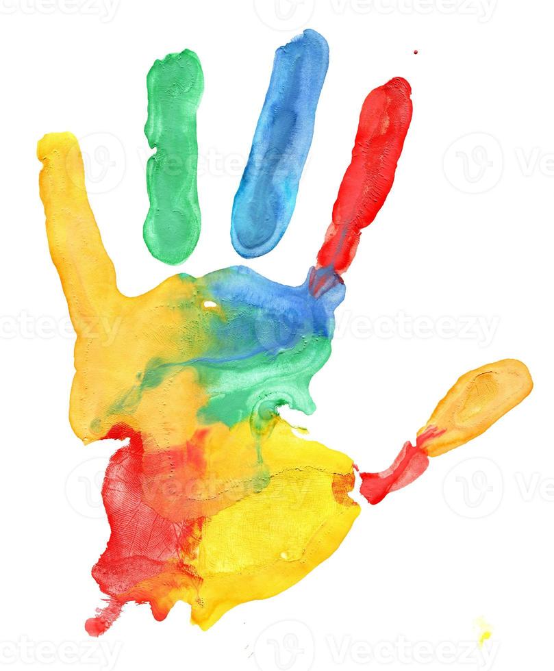 Colorful hand print on white background photo